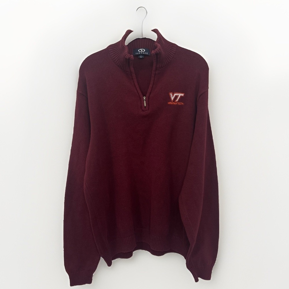 VTG Virginia Tech Hokies 1/4 Zip Sweater Mens Large Maroon Knit Pullover Vantage